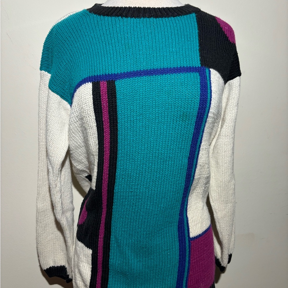 Petite Sophisticate Teal and Purple Geometric Sweater